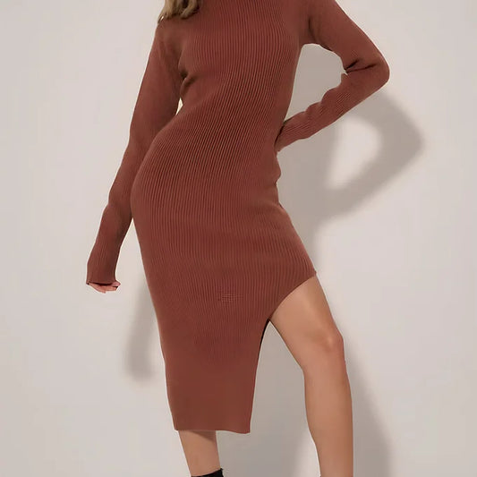 Chic Ribbed Knit Sweater Midi Dress