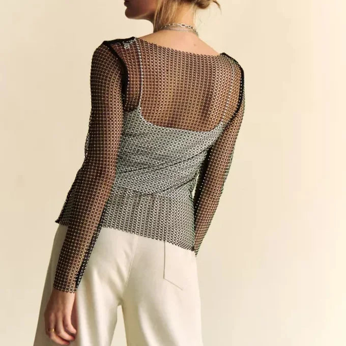 Sparkling Diamond Sheer Mesh Mock Neck Top