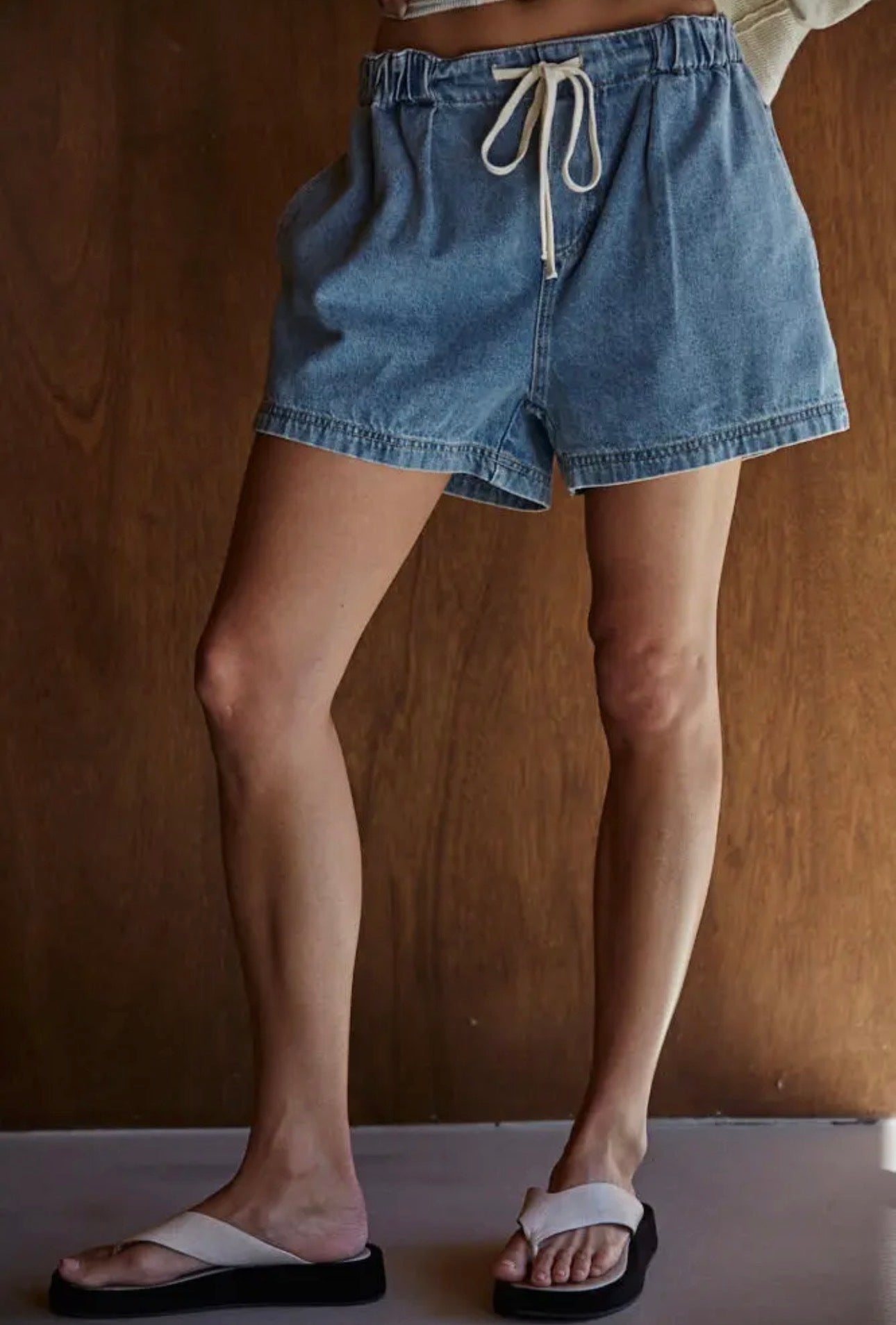 Woven Denim Washed Cotton Relax Fit Wide Leg Shorts