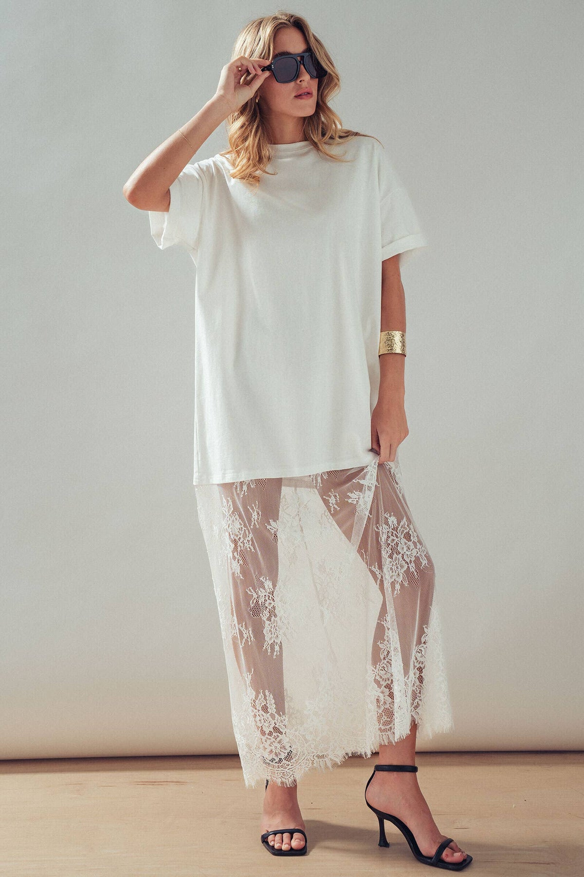 T-Shirt Dress with Sheer Lace Skirt: White