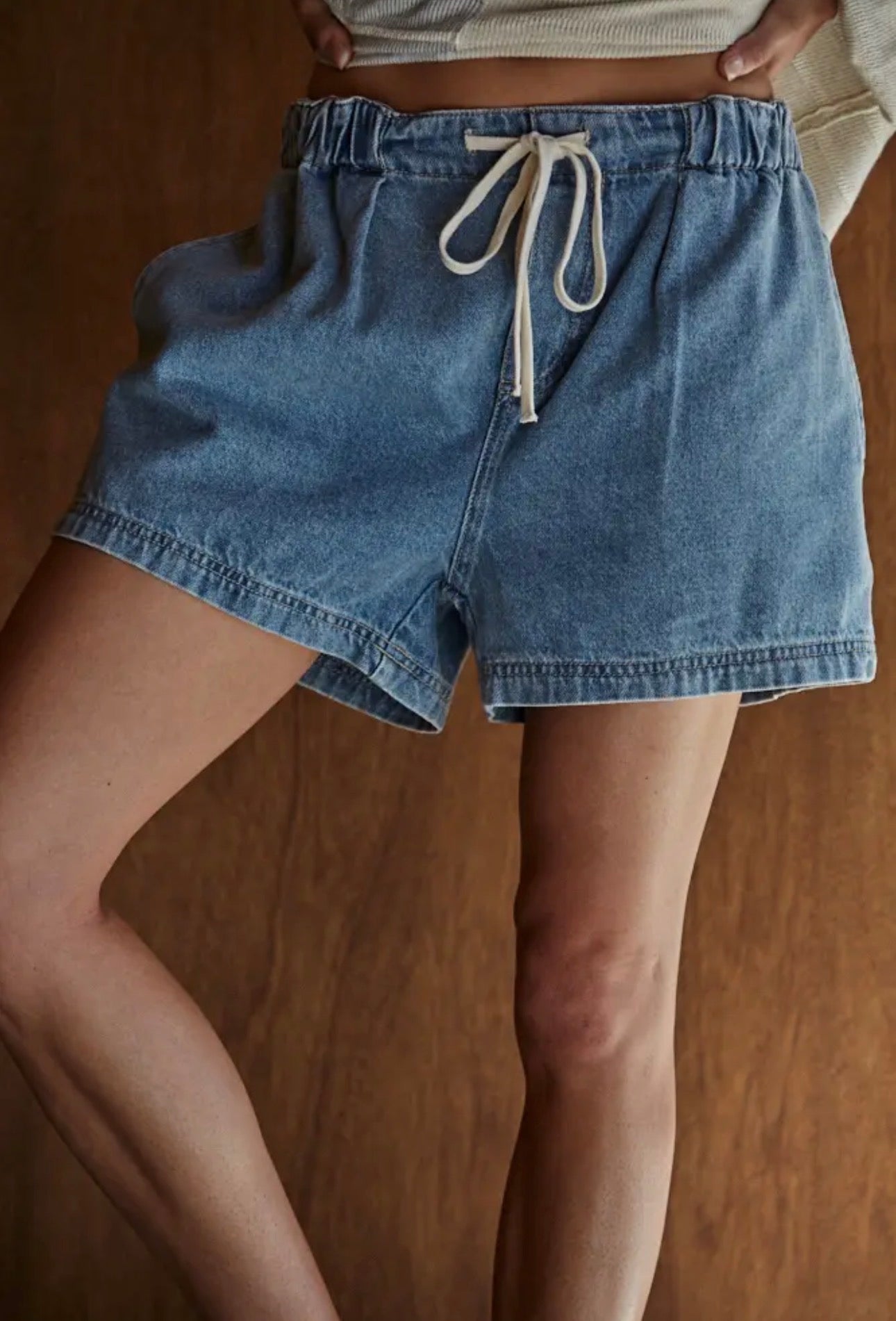 Woven Denim Washed Cotton Relax Fit Wide Leg Shorts