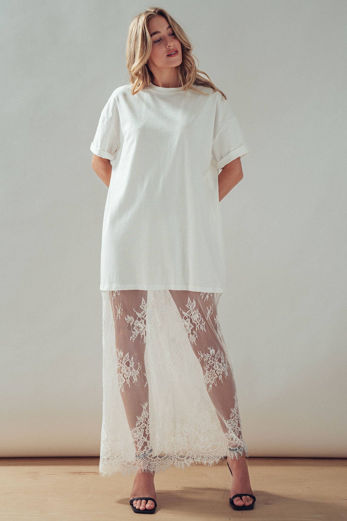 T-Shirt Dress with Sheer Lace Skirt: White