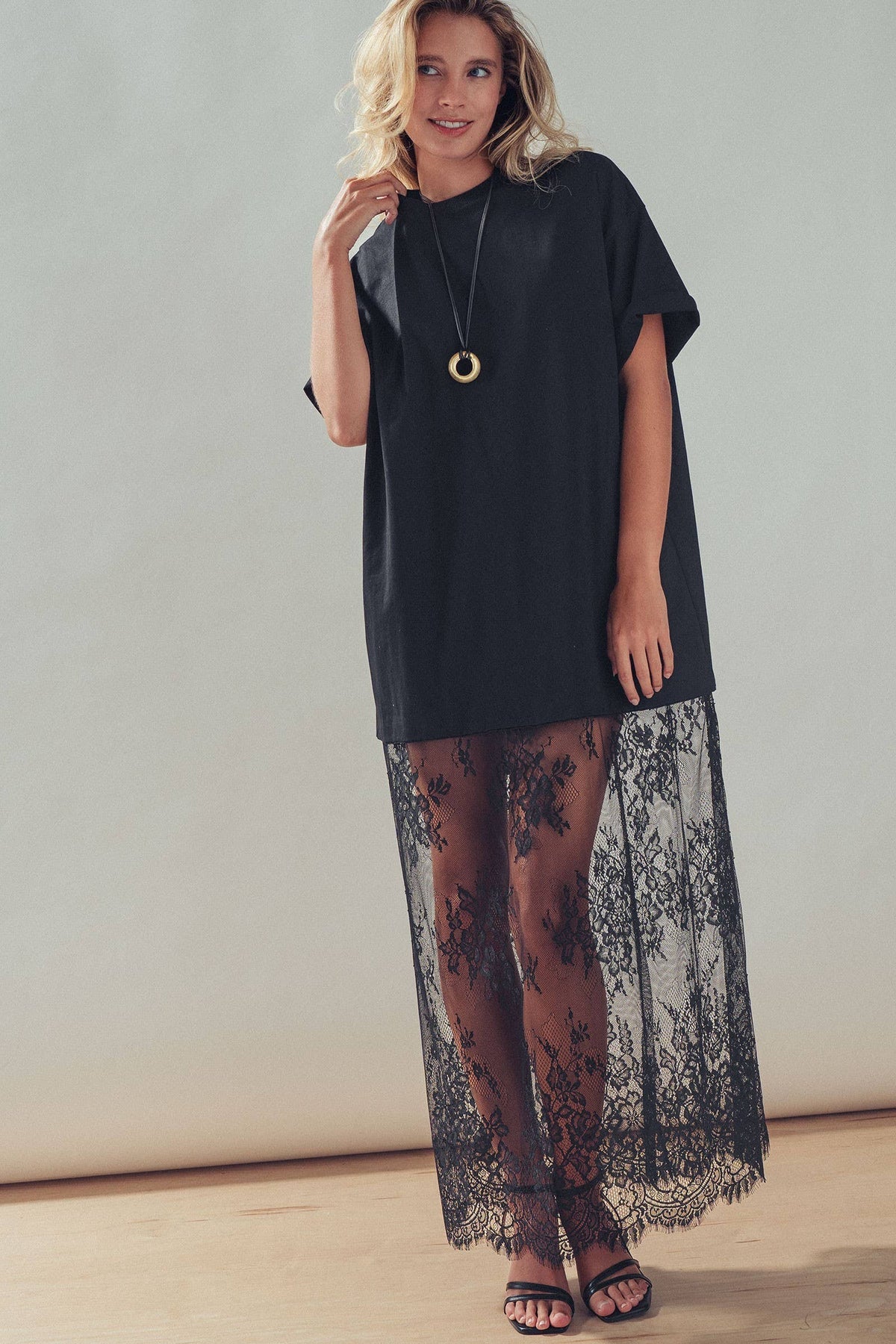 T-Shirt Dress with Sheer Lace Skirt- Black
