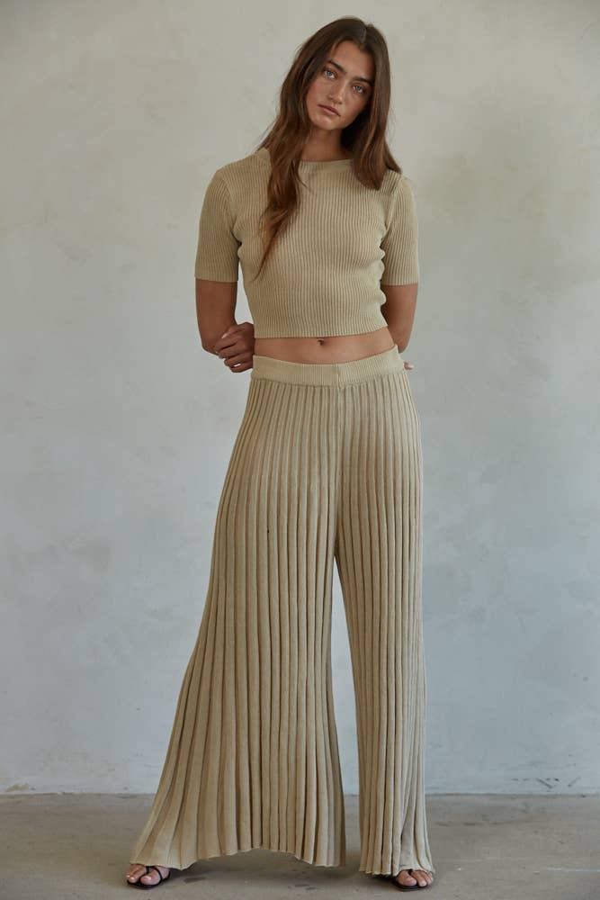 Taupe Knit Sweater Ribbed Flare Pants