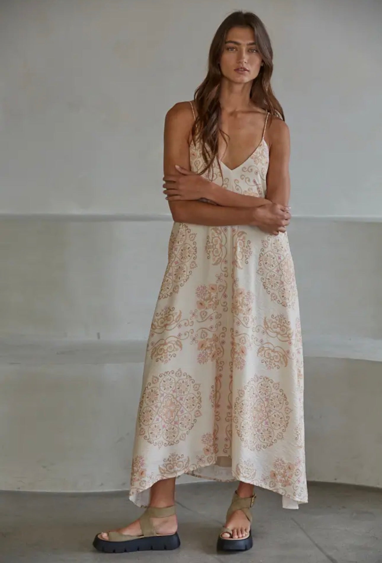Woven Rayon Nylon Mandala Floral
Print Midi Dress