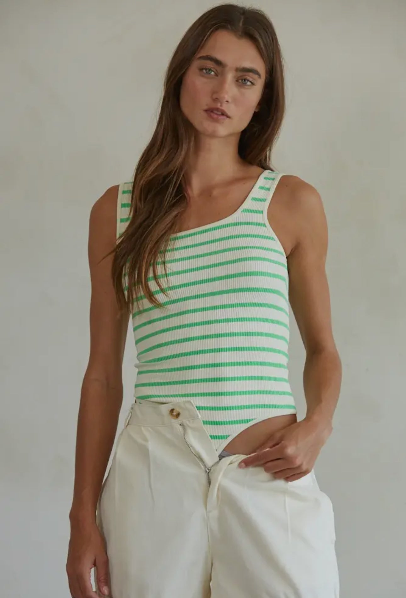 Knit Seamless Ribbed Bodysuit - Cream/Apple Green