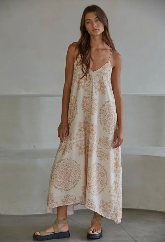 Woven Rayon Nylon Mandala Floral
Print Midi Dress