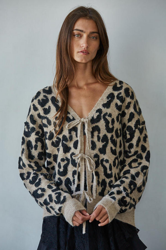 Animal Print V-Neck Tie Front Knit Cardigan Sweater