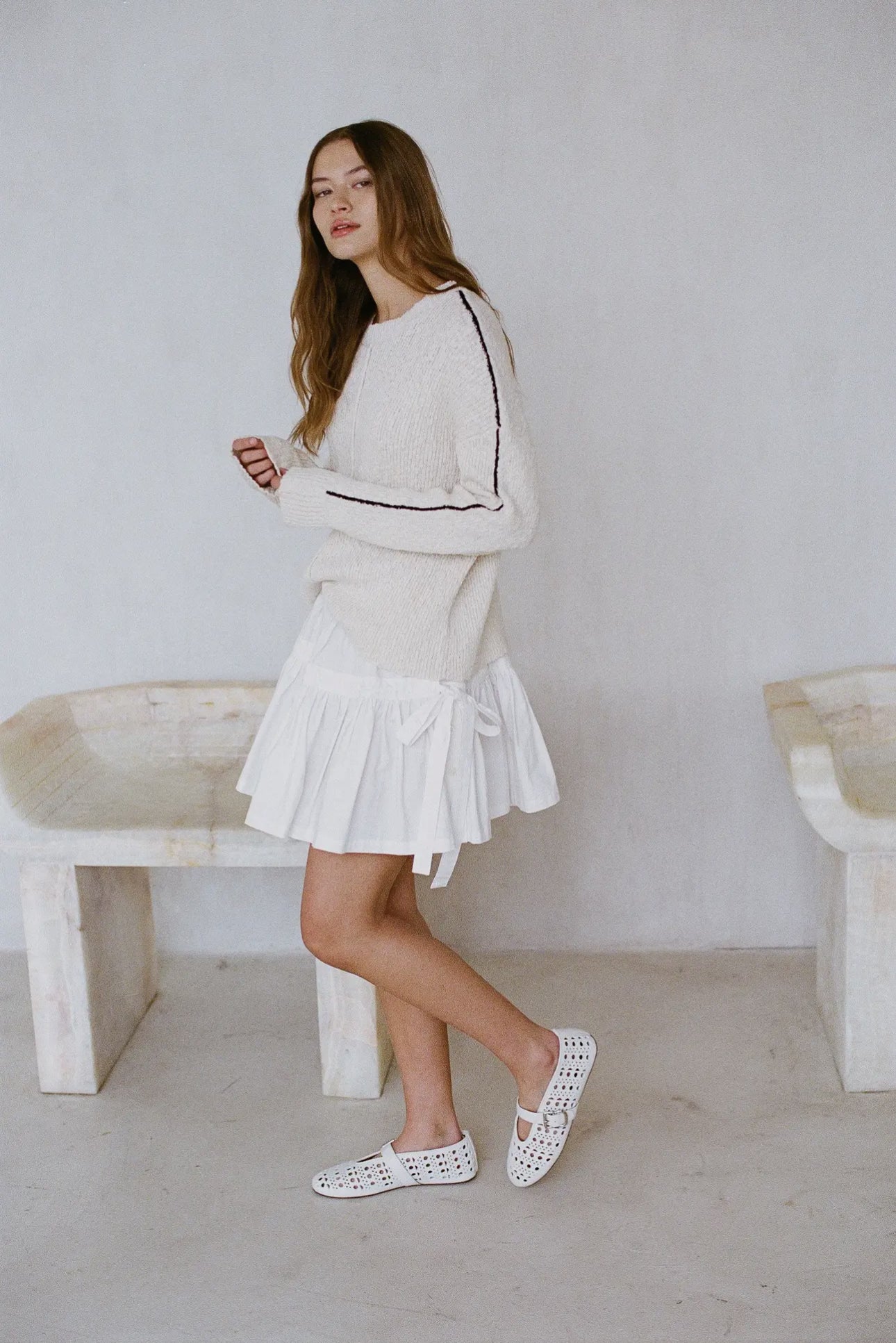 Woven Cotton Flare Mini Skirt With Hip Tie Bow