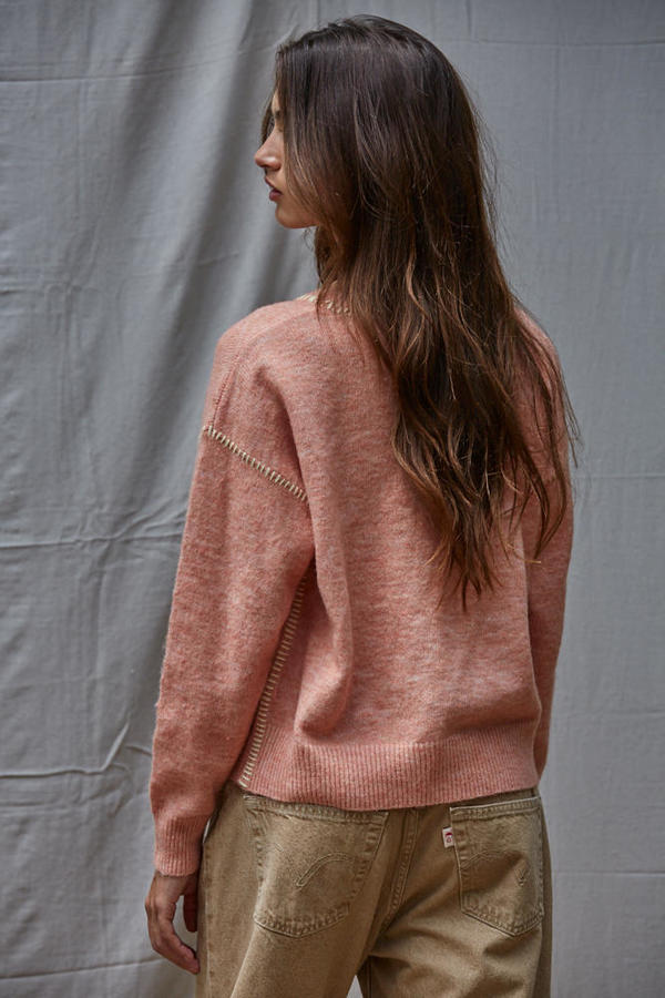 Dusty Coral Knit Sweater with contrast Stitches Detail
