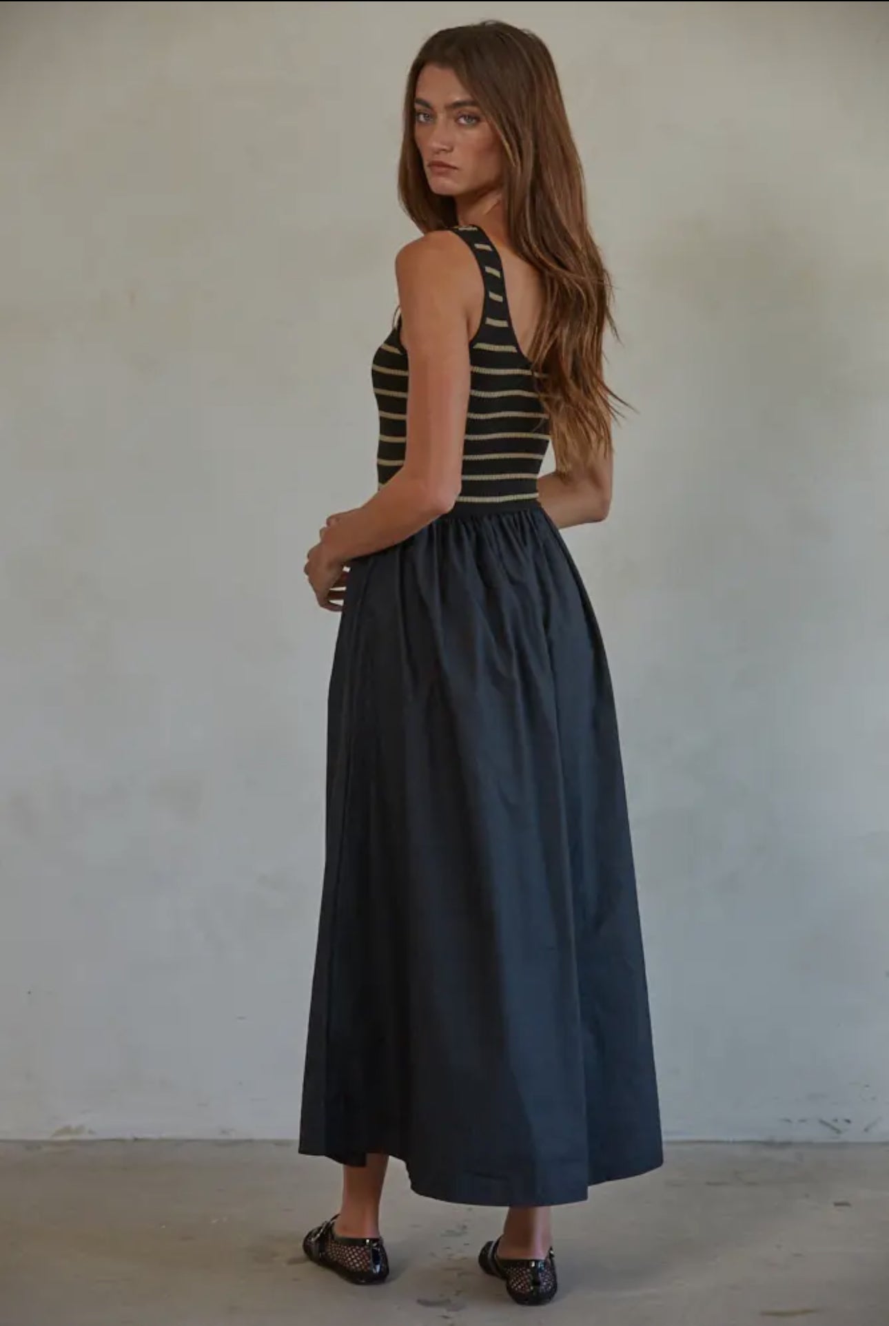 Knit Striped Ribbed Tank Bodice Woven Flare Dress