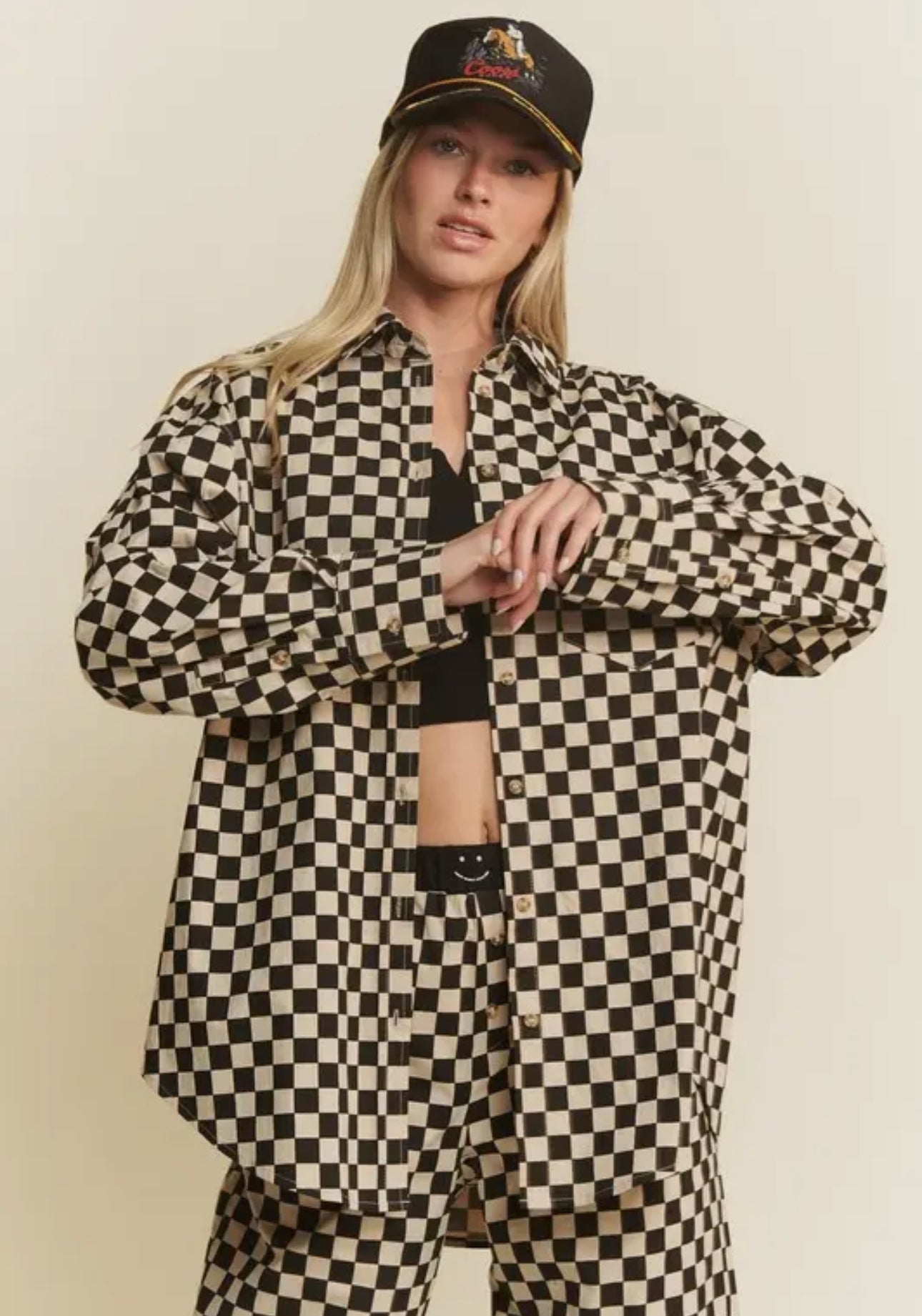 Mocha/Black Oversized Checkered Button Down