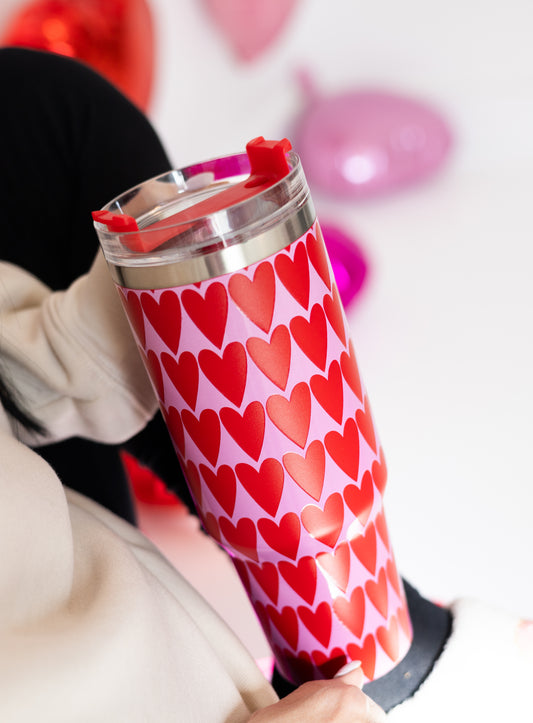 Red Hearts Stainless Steel 38 Oz Tumbler with Handle (Katydid)