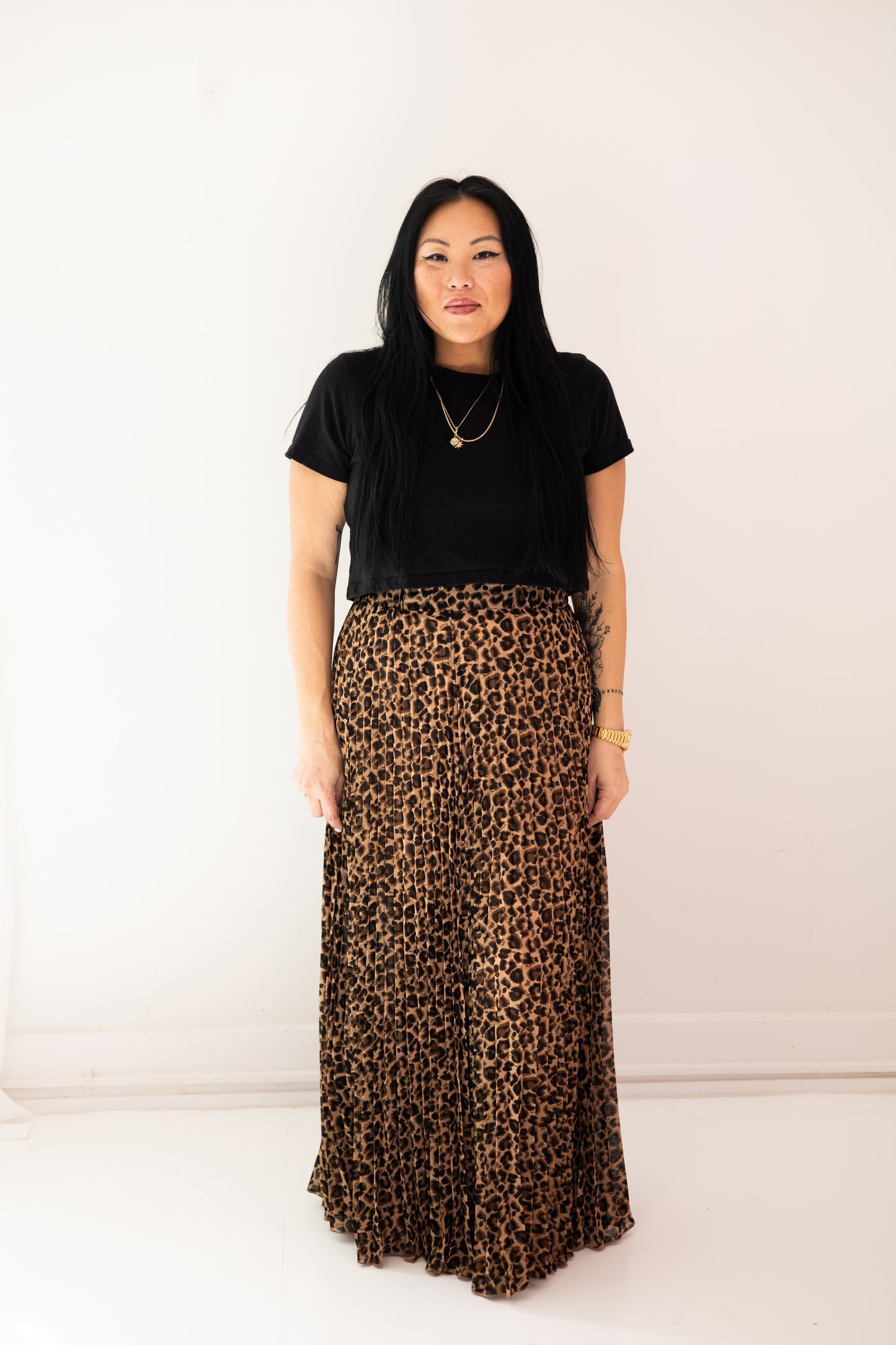 Leopard Print Pleated Midi Skirt