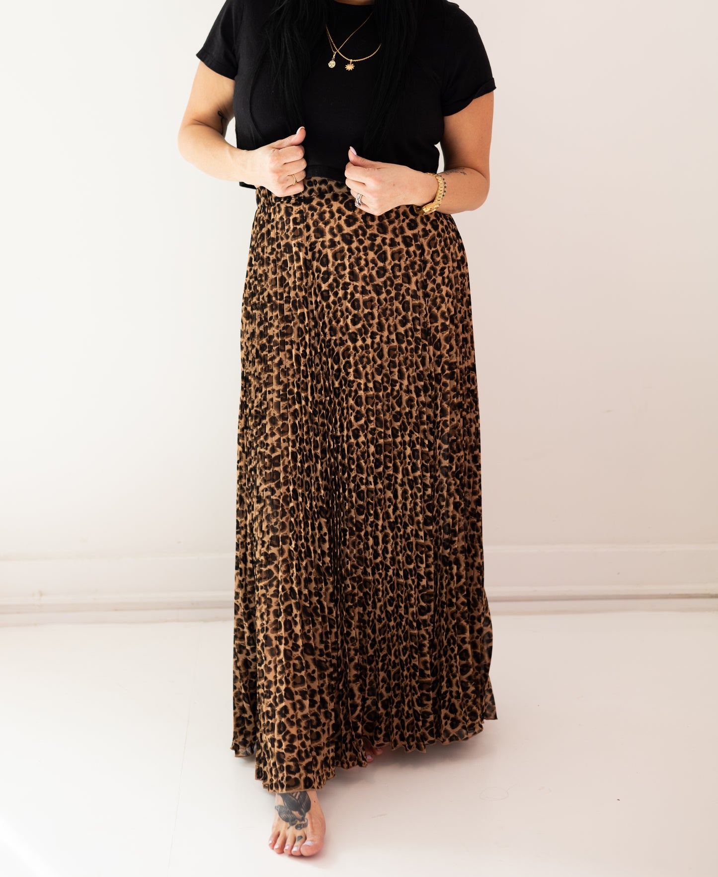 Leopard Print Pleated Midi Skirt