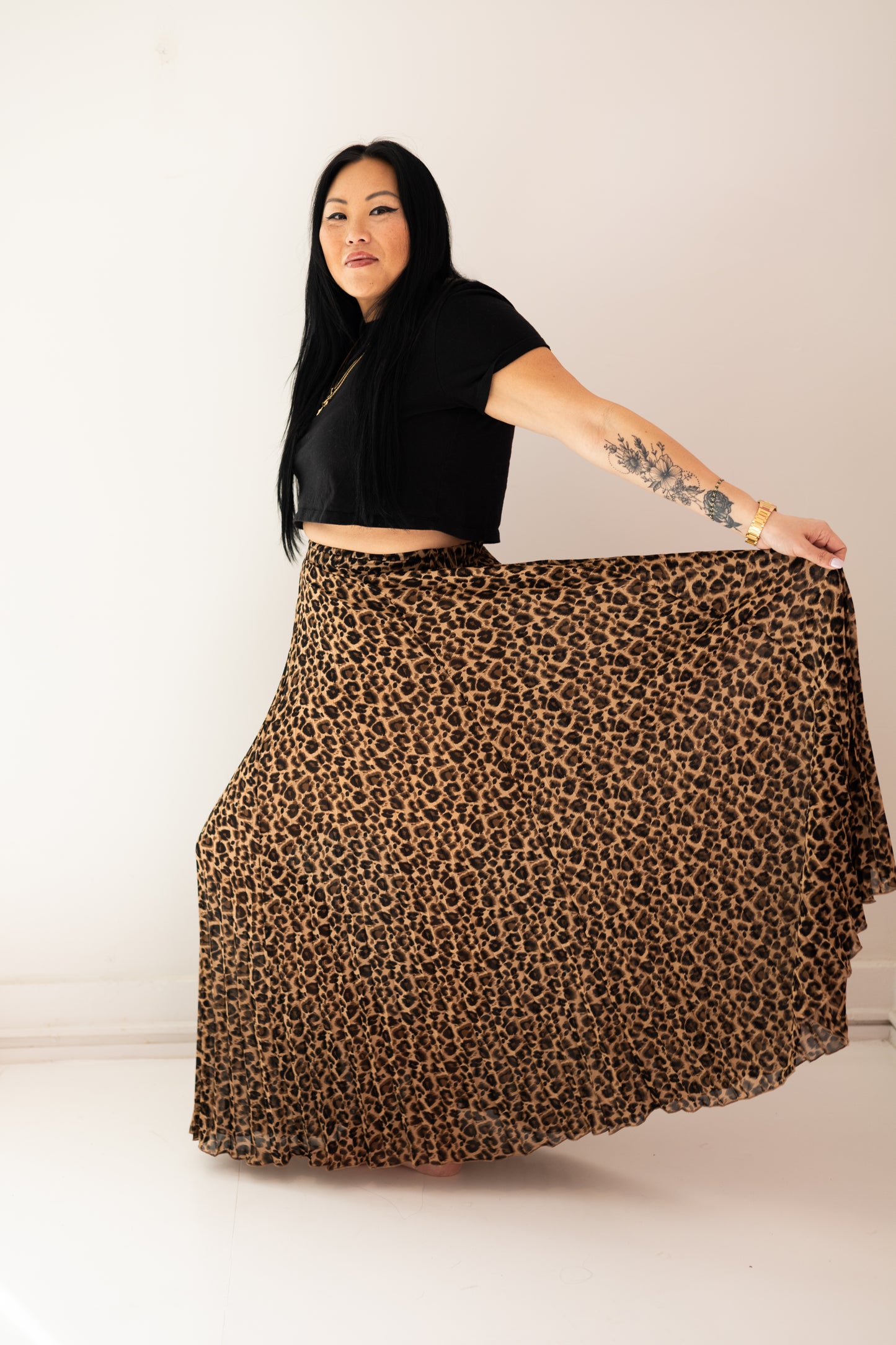 Leopard Print Pleated Midi Skirt