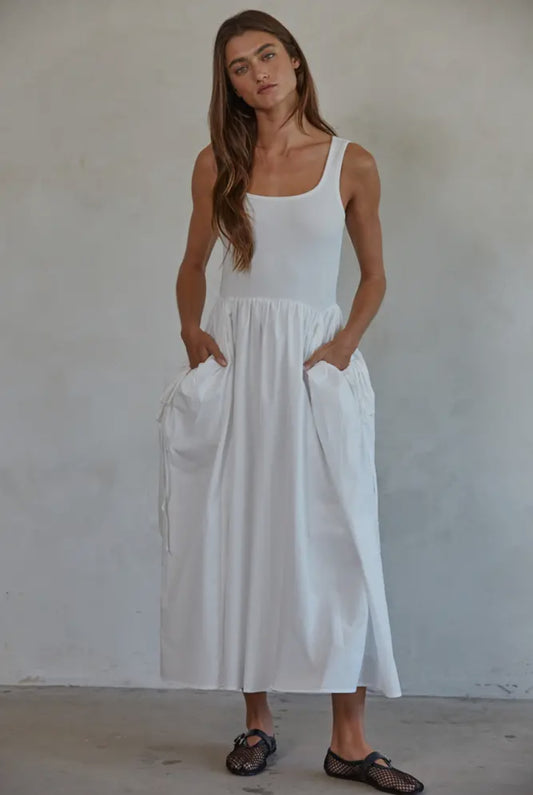 Knit Stripe Ribbed Bodice Dress- White