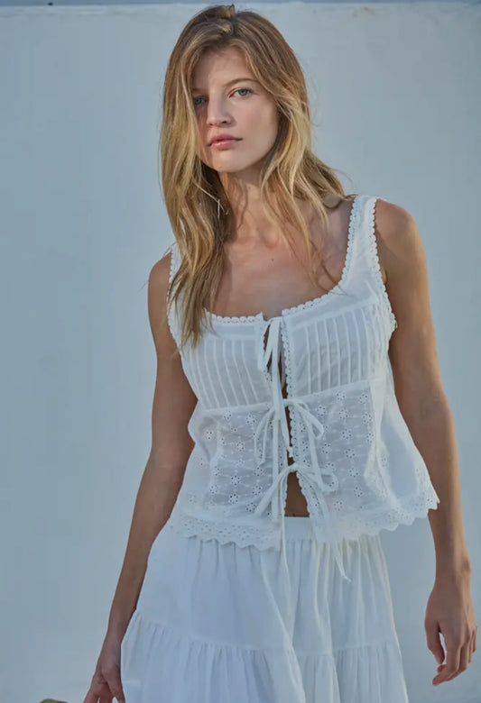 Woven Cotton Eyelet Square Neck Sleeveless Top