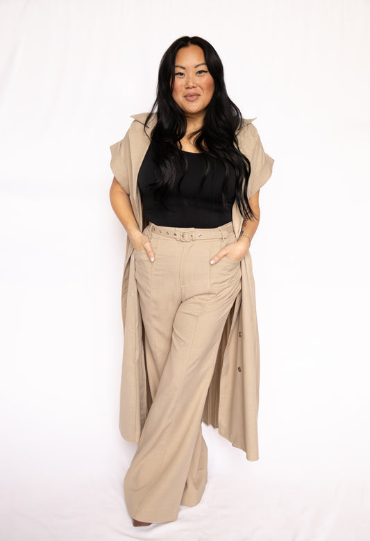 Pleated Long Jacket and Pants Set