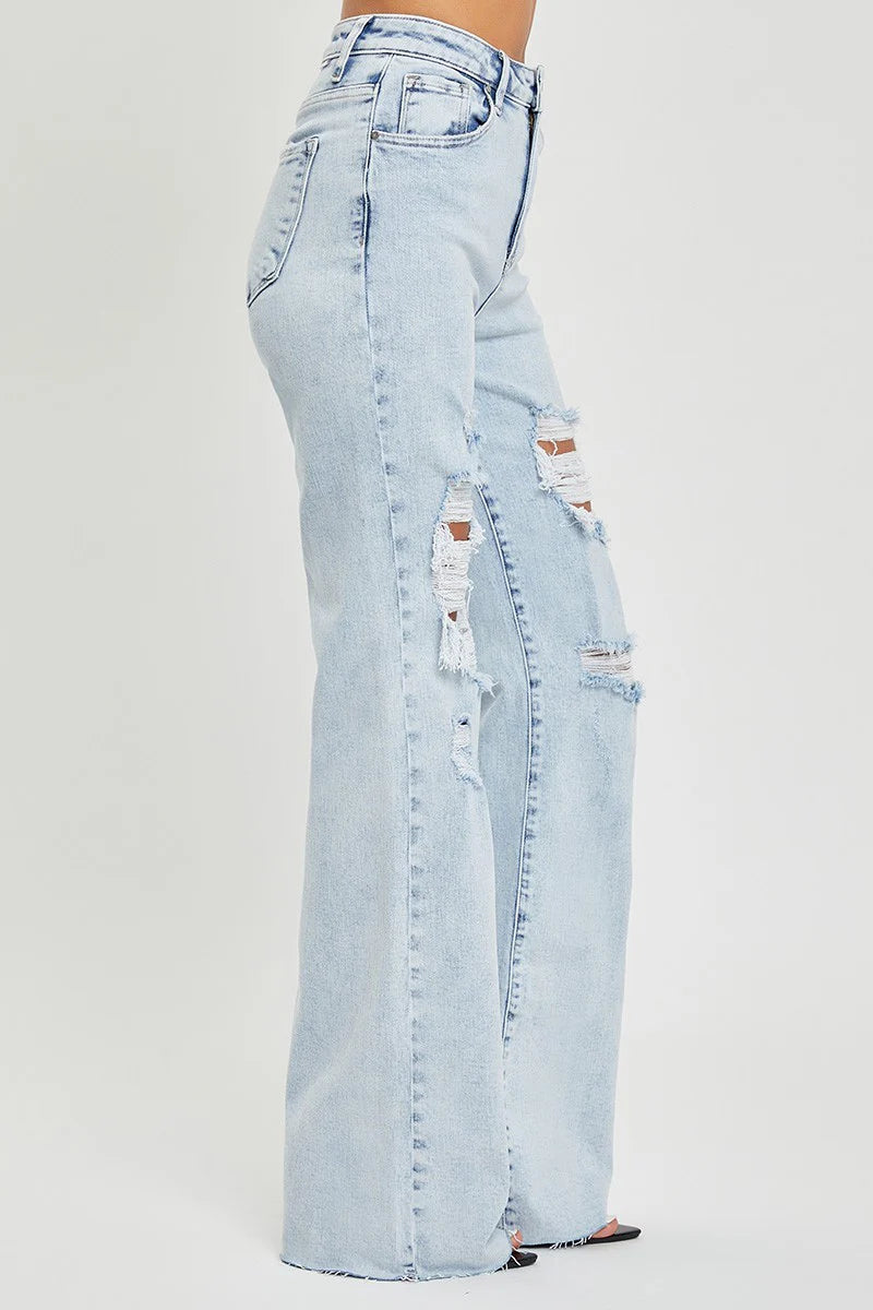 Distressed Wide-Leg High-Rise Jeans