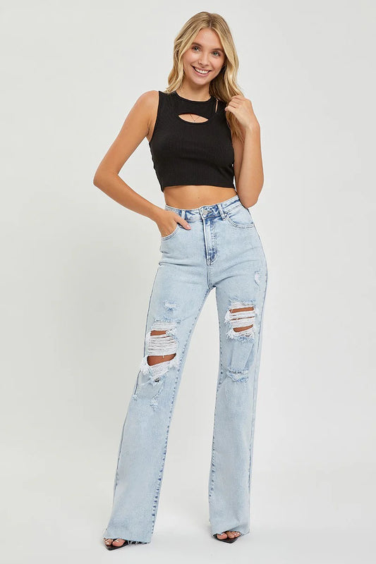 Distressed Wide-Leg High-Rise Jeans