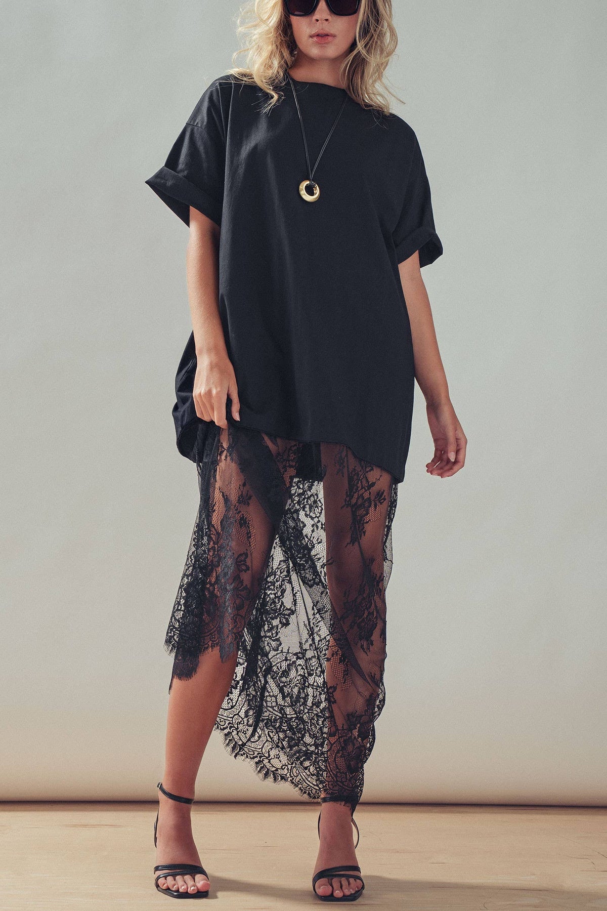 T-Shirt Dress with Sheer Lace Skirt- Black