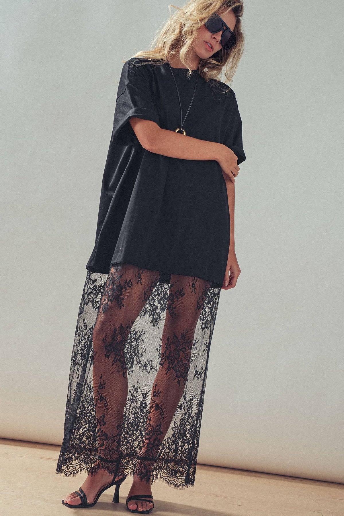 T-Shirt Dress with Sheer Lace Skirt- Black