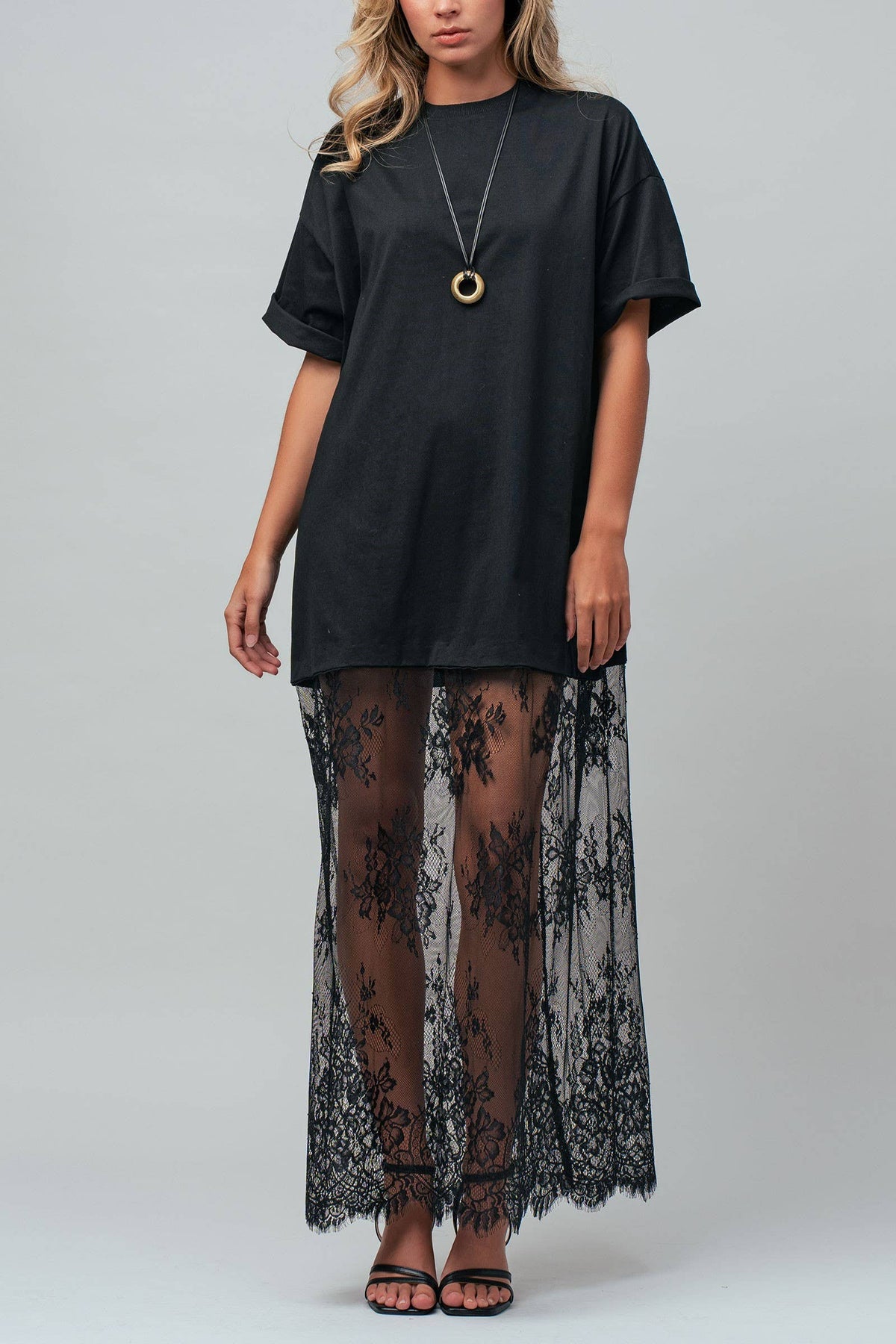 T-Shirt Dress with Sheer Lace Skirt- Black
