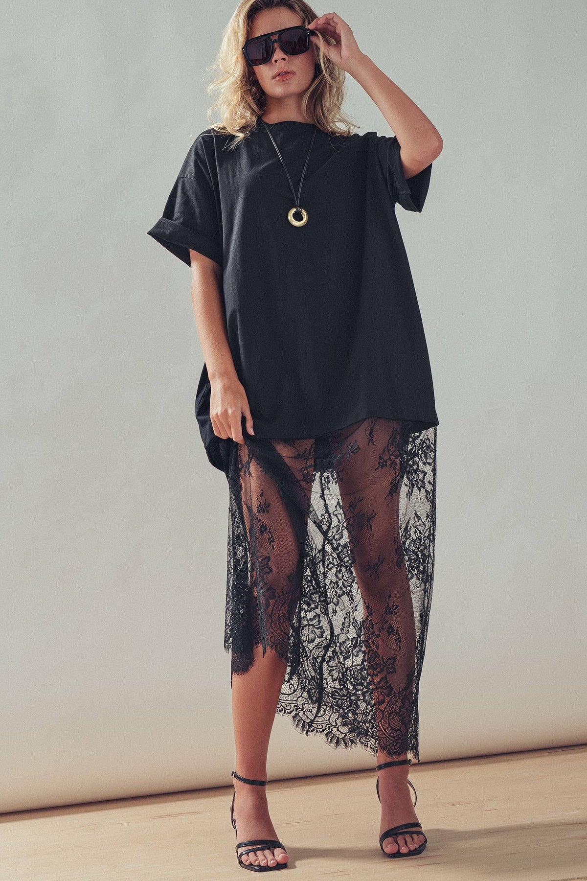 T-Shirt Dress with Sheer Lace Skirt- Black