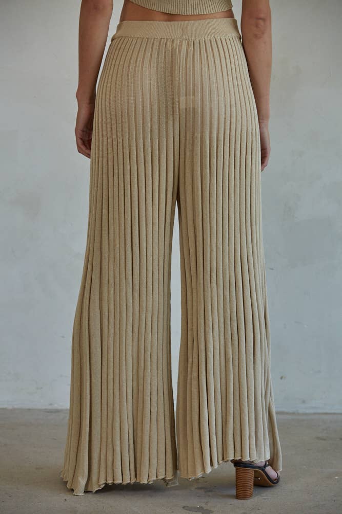 Taupe Knit Sweater Ribbed Flare Pants
