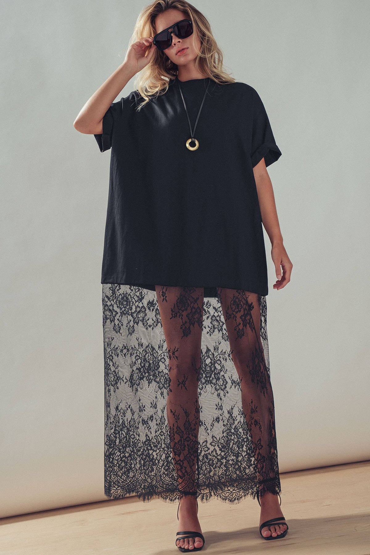 T-Shirt Dress with Sheer Lace Skirt- Black