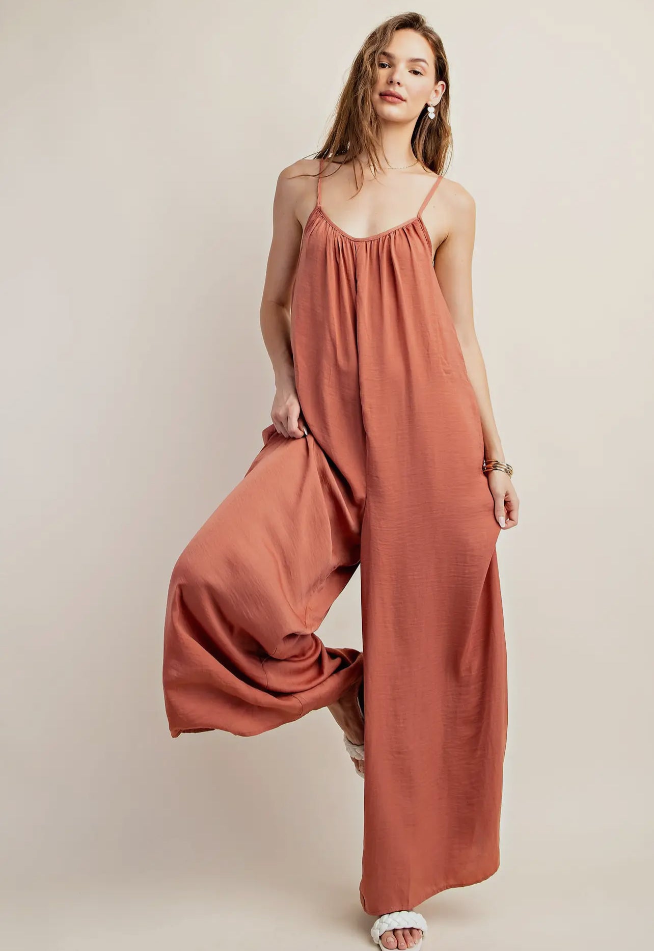 Satin Effect Fabic Side Pocket Loose-fit Jumpsuit image 1