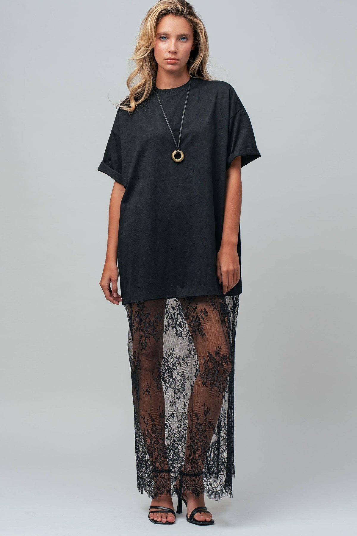 T-Shirt Dress with Sheer Lace Skirt- Black