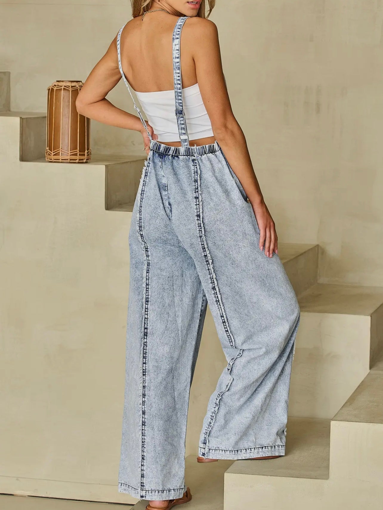 Light weight frayed seam wide leg denim overall image 2